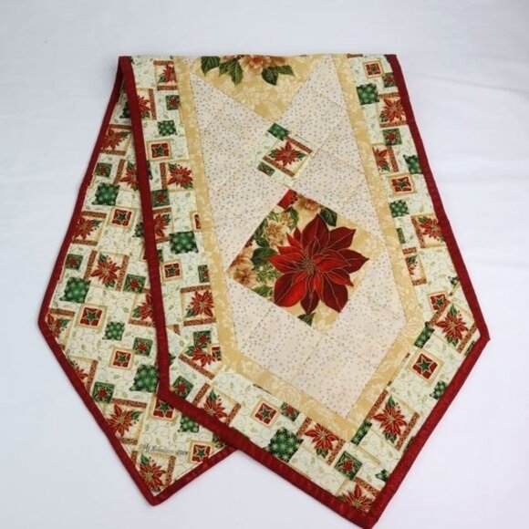 Christmas Table Runner Poinsettia Table Linen Sparkly Red Trim 51.5"x15.5" - Picture 1 of 6